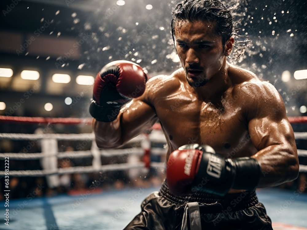 Photo of a professional martial arts fighter having a fight on a boxing ring. epic action scene beating with water splash effect.