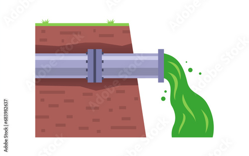 pipe pours polluted water into the river. waste from the plant is poured into the water. flat vector illustration.