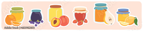 Homemade fruit jam in glass jars stickers set. Berries conserves and orange, strawberry, pear, peach, lemon ingredients. Sweet food, natural dessert preserves collection flat vector illustration