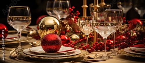 In the midst of a festive Christmas party, a merry group of friends formed a jovial circle, holding glasses of golden Champagne, sparkling and catching the lights of vibrant red and yellow ornaments