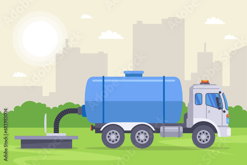 car pumping waste out of the sewer. flat vector illustration.