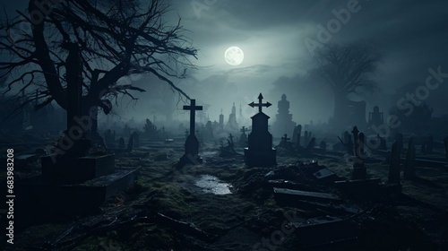a cemetery with a moon in the background