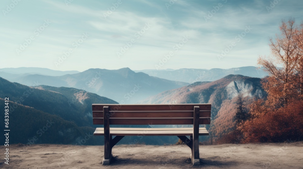 a wooden bench sitting on top of a dirt field next to a lush green hillside covered in lots of trees. a wooden bench sitting on top of a dirt field next to a lush green hillside covered in lots of trees.