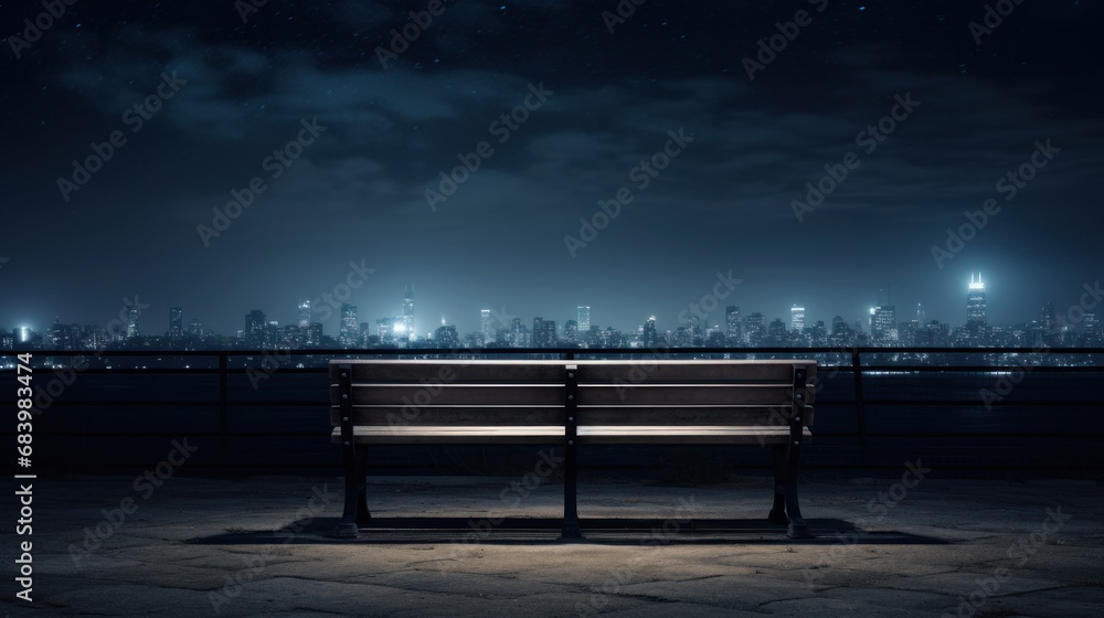  a wooden bench sitting on top of a stone floor next to a night time view of a cityscape.