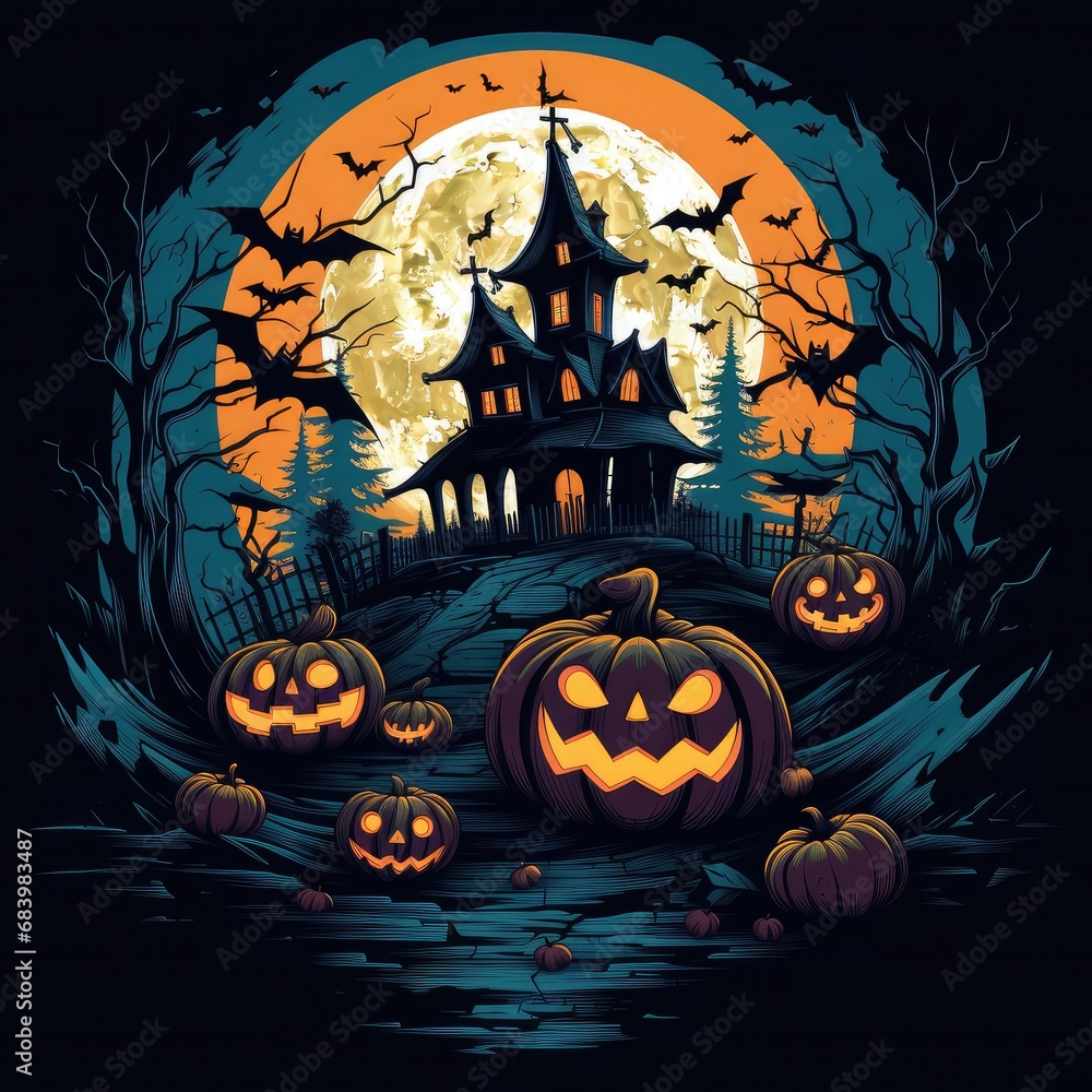 Stylish Halloween vector t-shirt design white background, jack-o'-lantern, spooky haunted house, bats and a full moon vector art