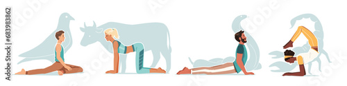 Person practicing animal yoga pose set. Men, women in pigeon, cow, cobra, scorpion asana positions collection. Yoga exercise, sport training, body health care, fitness concept flat vector illustration