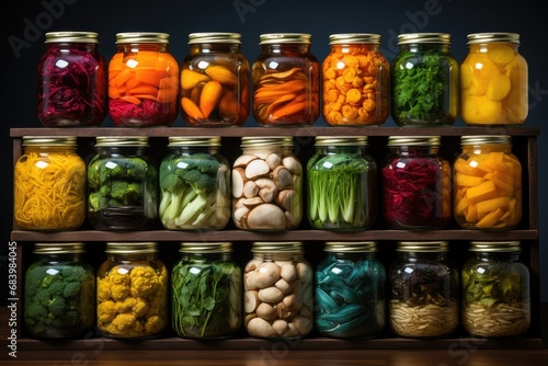 Autumn seasonal pickled or fermented vegetables in jars placed in row over vintage kitchen drawer, copy space. Fall home food preservation and canning