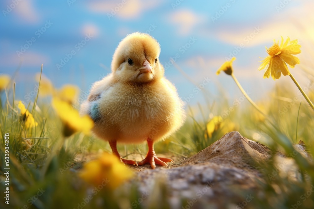 Adorable Baby Chick Basks in Sunlit Grass: Nature's Little Miracle! Generative AI