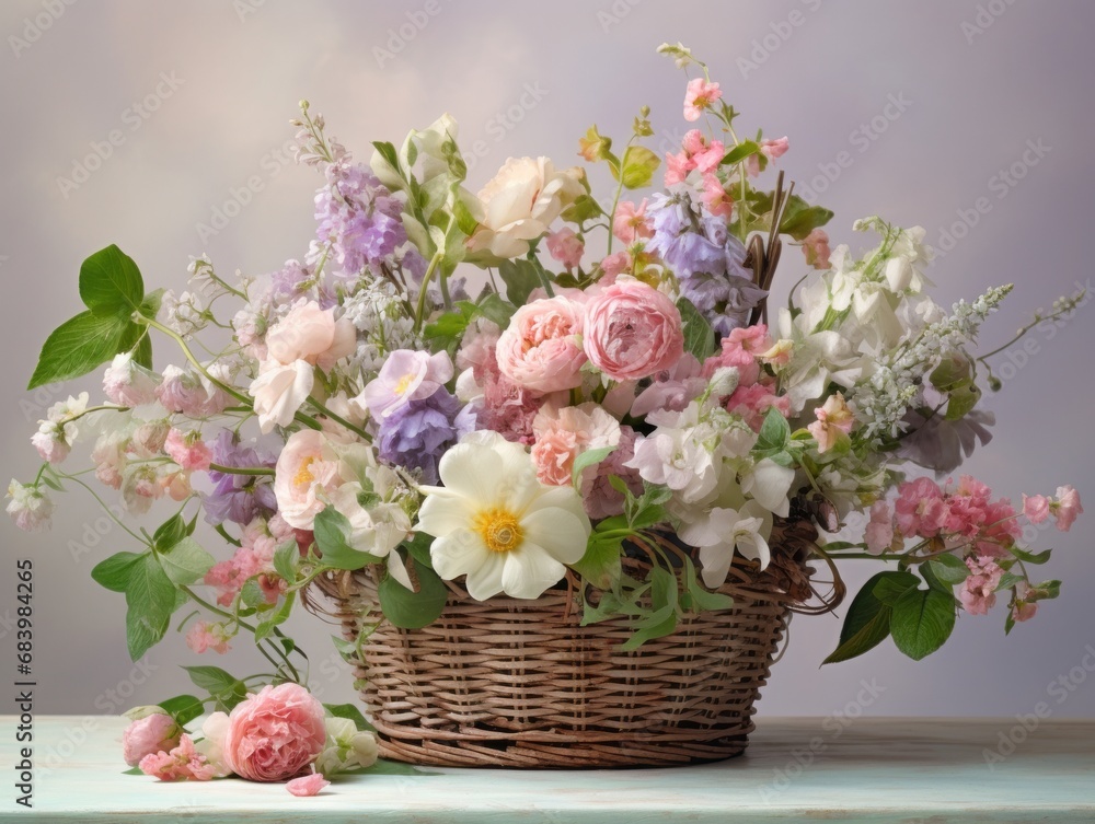 Obraz premium Unveiling Spring's Bounty: A Close-up Look at a Basket Full of Fresh Flowers Generative AI
