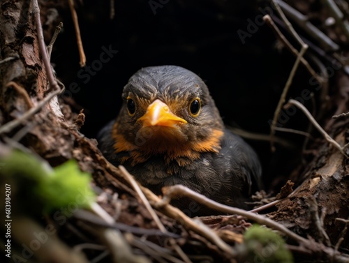 Newborn Feathered Marvel: A Candid Snapshot of a Baby Bird Nestled in its Treetop Home Generative AI