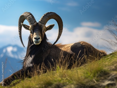 Majestic Black Ibex Relaxing on Verdant Slopes: Capturing Nature's Unseen Beauty Generative AI