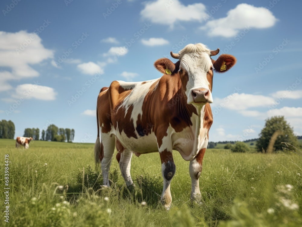 Unforgettable Capture of a Lone Cow Enjoying Lush Meadows in Sunlight - Natural Beauty Redefined! Generative AI