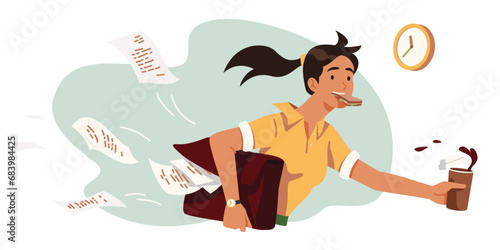 Student girl person in hurry eating on the run. Busy business woman going fast being late, holding takeaway food and coffee cup. Pace of life, time shortage concept flat vector illustration