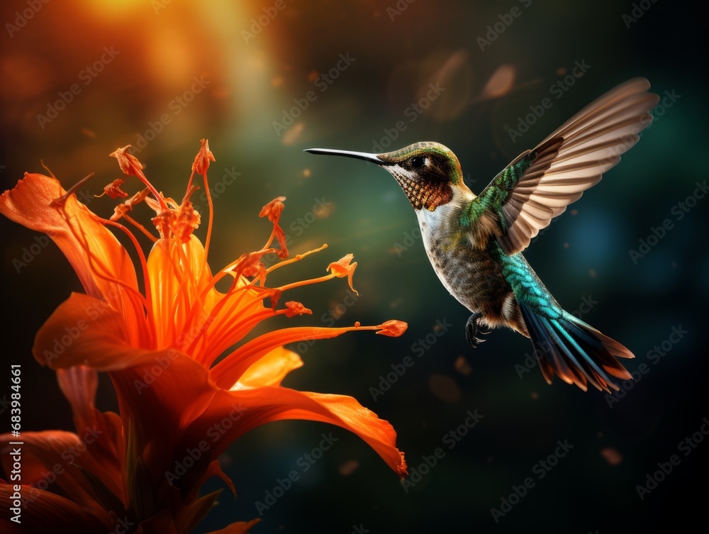 Fototapeta premium Mesmerizing Moment: Hummingbird's Graceful Landing on Vibrant Orange Flower Generative AI