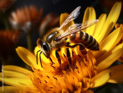 Unseen Marvels: Close-Up View of a Honey Bee Basking on a Blooming Yellow Flower Generative AI