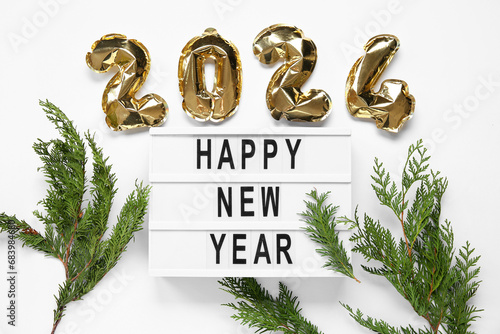 Board with text HAPPY NEW YEAR , figure 2024 made of foil balloons and thuja branches on white background