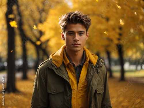 A portrait of a young handsome model man walking in a park with a jacket. yellow leaves falling from trees. blurry background.