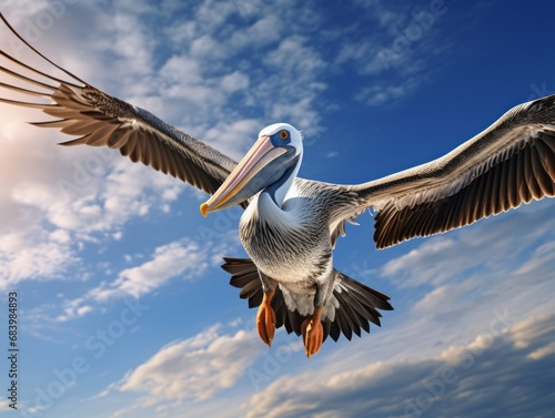 Embracing Freedom: A Stunning Snapshot of a Lone Pelican Soaring Towards the Sun Generative AI