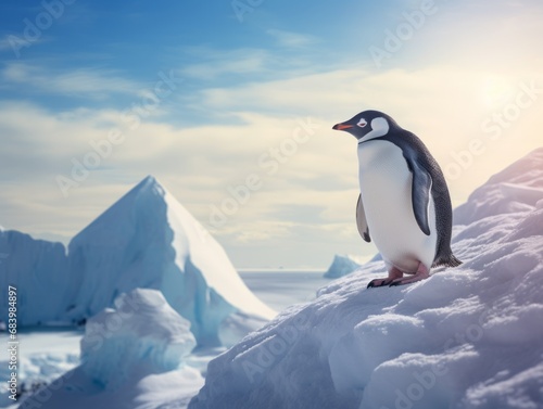 Majestic Solitude  The Lone Penguin Overlooking Its Snowy Kingdom Generative AI
