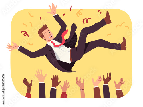 Business leader person celebrating success. Colleagues office team hands throwing happy man winner in air. Victory congratulation, businessman achievement celebration party flat vector illustration