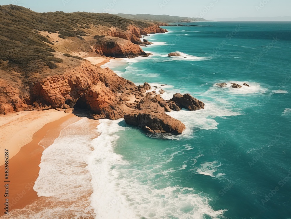 Obraz premium Stunning Panorama: Sandy Beach Cliffs Meet Azure Waves – A Heavenly Retreat from Above! Generative AI