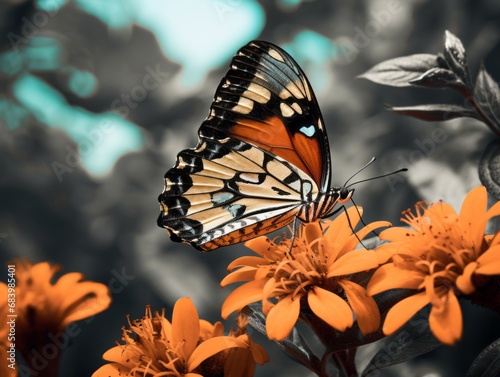 Vibrant Beauty: Close-up View of an Orange and Black Butterfly Perched Elegantly Generative AI photo