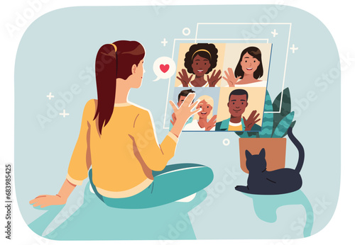 Woman having video conference call with friends. Girl person talking with friends by online chat on futuristic screen at home. Future virtual communication technology concept flat vector illustration