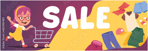 Girl person with shopping cart running to sale. Happy consumer kid going to buy clothes in retail store. Price discount offer, fashion shop advertisement concept banner flat vector illustration 