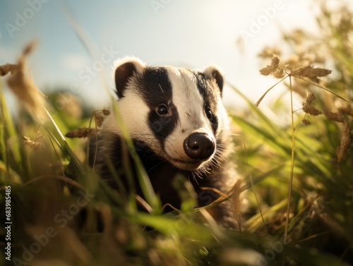 Enchanting Sunlight Over a Solitary Badger Amidst Lush Grassland Generative AI