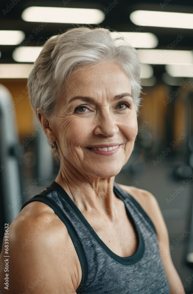 Obraz premium Senior woman with a joyful expression in fitness attire at a gym.