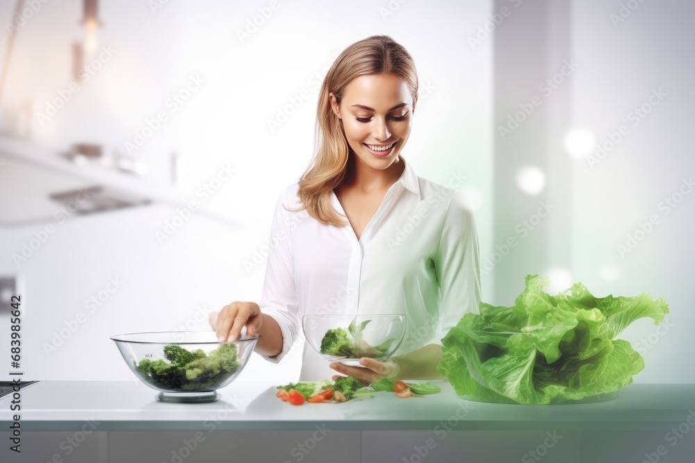Beautiful positive girl prepares a delicious, healthy dish