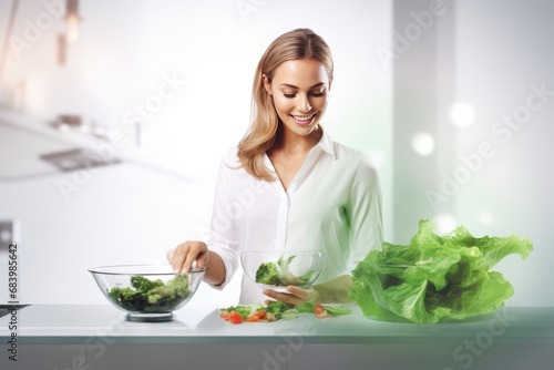 Beautiful positive girl prepares a delicious  healthy dish