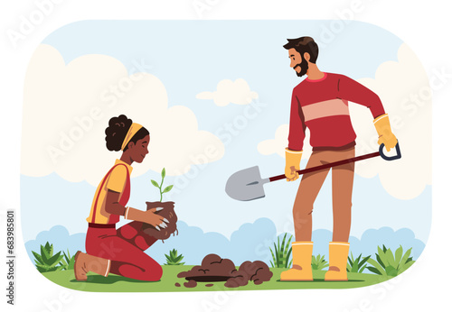 Volunteers people planting tree seedling. Man, woman persons taking care of plant growth, nature ecology together. Environment, environmental conservation, garden cultivation flat vector illustration