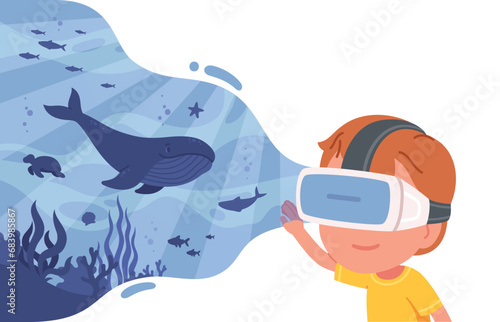 Boy kid in VR headset watching fish in ocean. Child person in virtual reality goggles device with underwater immersive simulation. Entertainment, cyberspace technology concept flat vector illustration