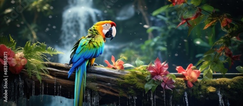 In the vibrant rainforest, a beautiful parrot perched on a jungle tree branch, surrounded by the lush greenery and the soothing sound of a waterfall cascading into the crystal-clear water below. The photo