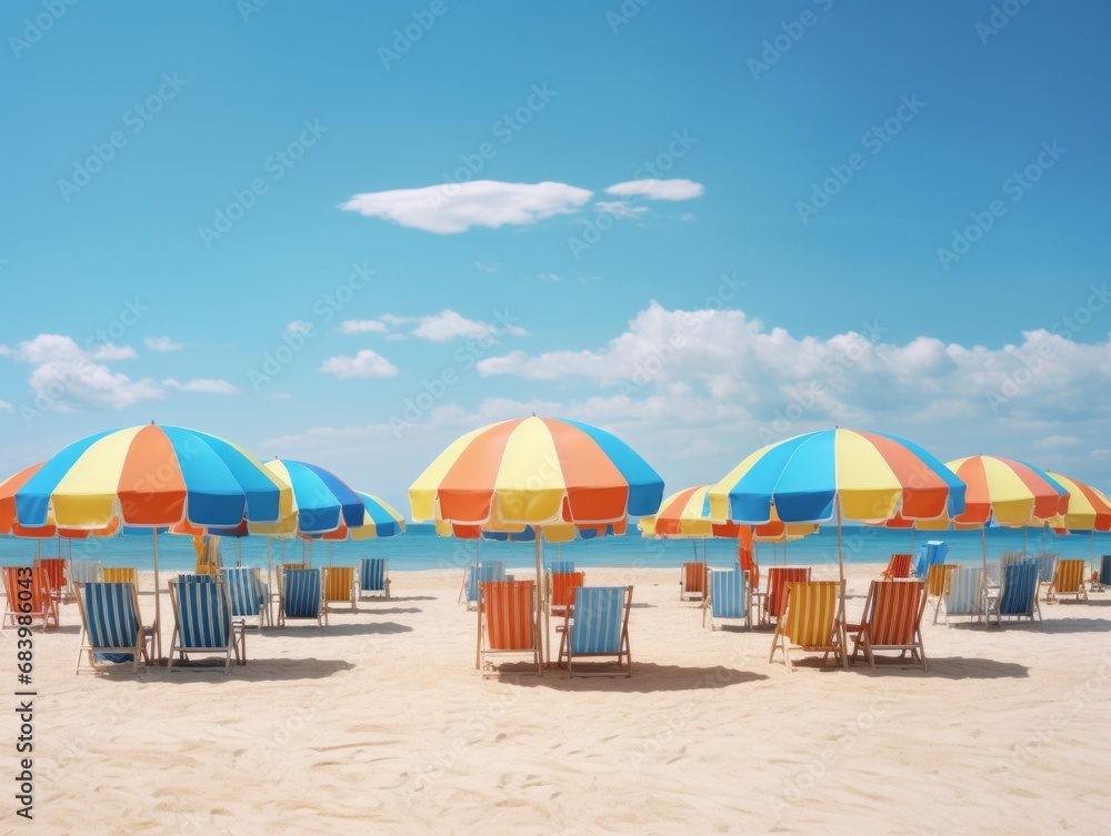 Experience Tropical Paradise: A Symphony of Colorful Beach Umbrellas! Generative AI