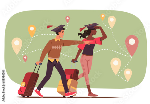 Graduate students choosing work destination. Young man and woman persons with luggage looking for better job location. Education, career, employment place search concept flat vector illustration