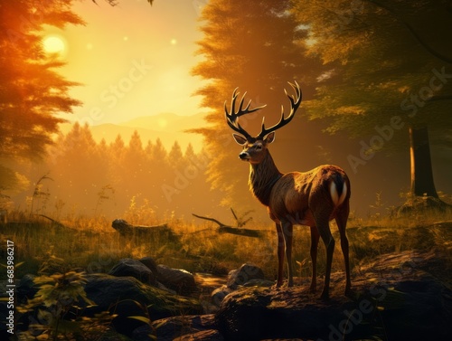 Mystical Dawn  An Exclusive Glimpse of Deer Grazing in a Forest Sunrise Generative AI