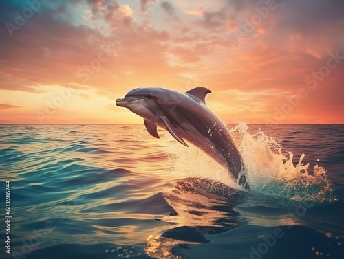 Mesmerizing Twilight Dance: A Majestic Dolphin Display Against an Ocean Sunset Generative AI © monsifdx