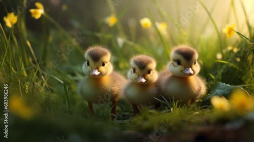 Exquisite Snapshots: Tranquil Ducklings Amid Lush Grass - Artistic Wallpaper Collection, Style 3 Generative AI photo