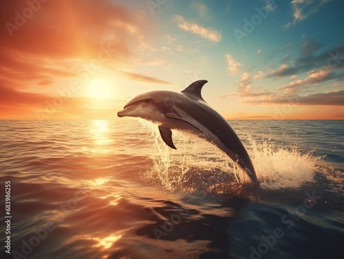 Majestic Sunset  Captivating Display of a Dolphin Dancing in the Dusk Generative AI