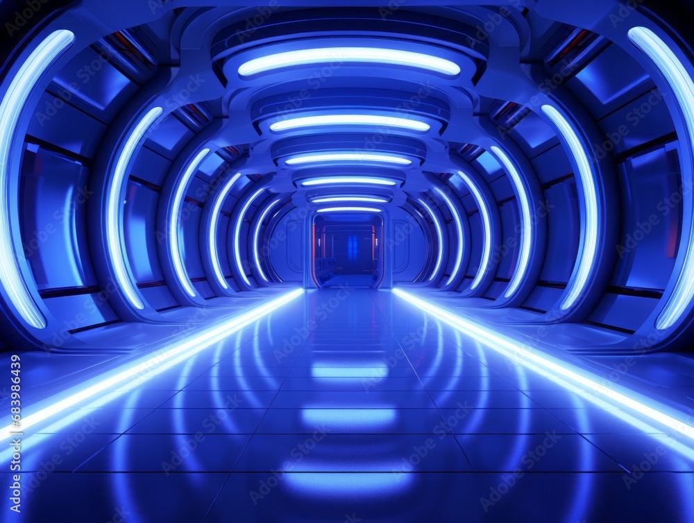 Naklejka premium Step into the Future: Unveiling Stunning Design of Blue-Lit Futuristic Corridor Generative AI
