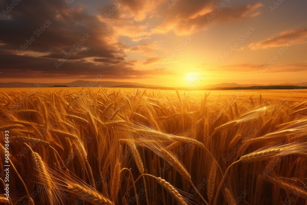 Sunset Majesty: A Glimpse into the Golden Hues of Wheat Fields Generative AI