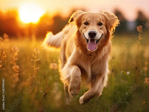 Sunset Sprint: Majestic Golden Retriever Captured in Action on Serene Countryside Field Generative AI