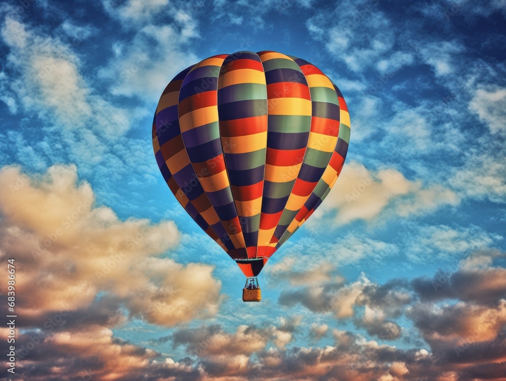 Fototapeta premium Marvel at the Serene Majesty: A Hot Air Balloon Soaring Above Cloud-Crowned Blue Skies Generative AI