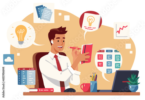 Business person working multitasking at desk. Smiling effective employee man planning, taking notes, performing various tasks. Office job productivity, time management concept flat vector illustration