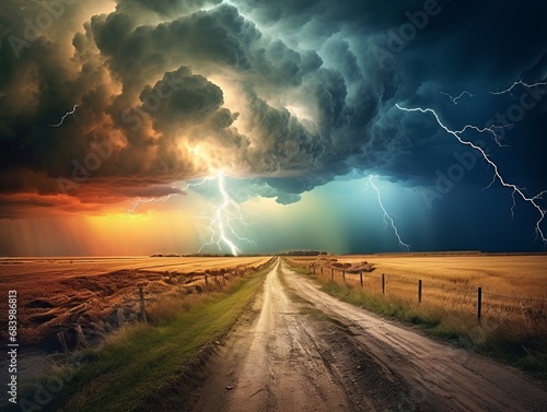 Dramatic Sky: Spectacular Lightning Storm Over a Remote Countryside Road Generative AI