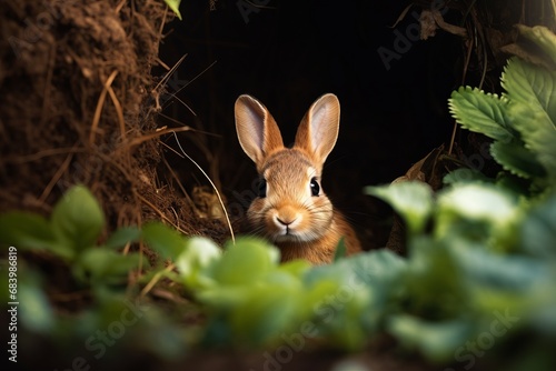 Captivating Glimpse: Adorable Brown Bunny Emerges from its Burrow! Generative AI © monsifdx