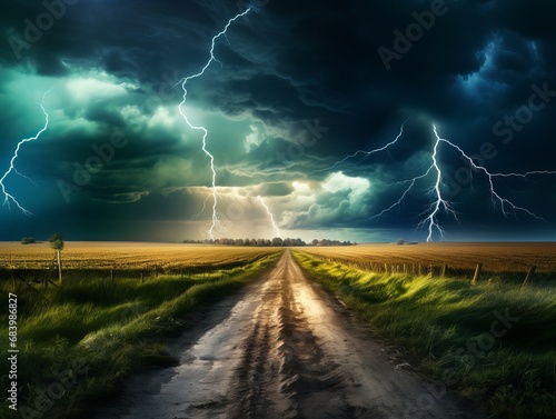 Dramatic Dance of Lightning Over a Rustic Country Road: Unleashing Nature's Power Generative AI