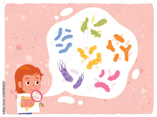 Girl and her healthy gut flora microbes. Kid person looking at her various good bacteria in intestine. Digestive system microbes, colon organ health, digestion concept flat vector illustration